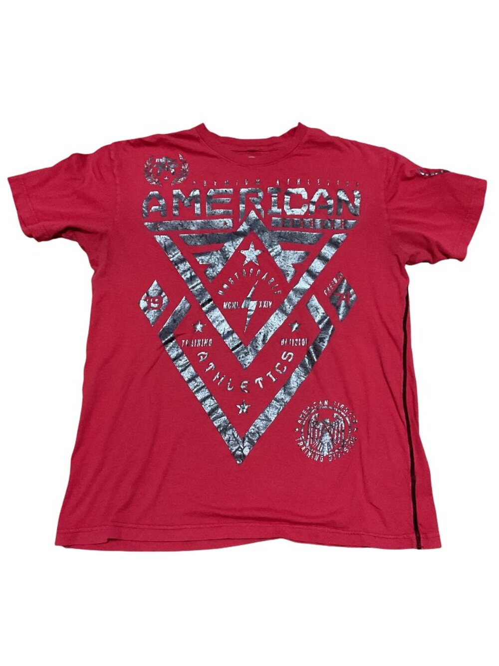 American Fighter Graphic Print T-Shirt Large Red Silver Short Sleeve Athletic